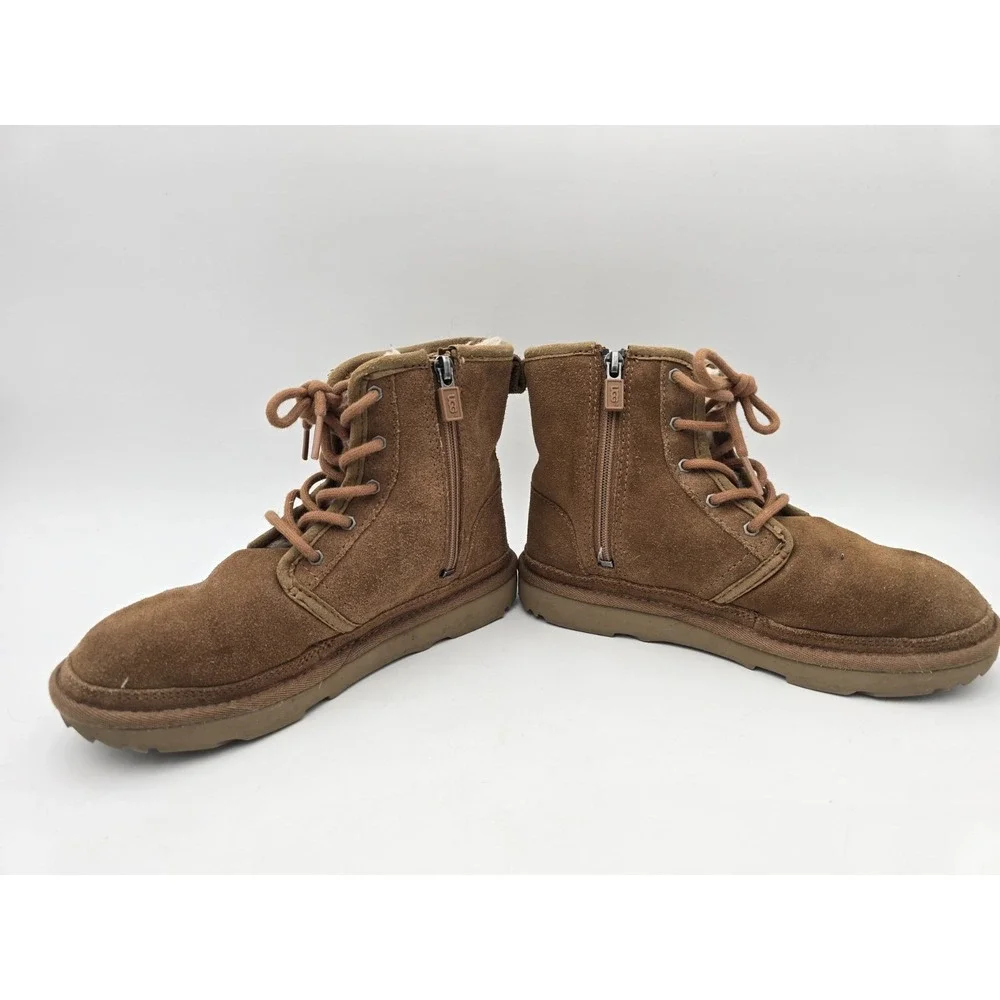 Uggs Harkley Boots Girls Size 3 Chestnut Brown 1017326K Zip Up Lace Up
